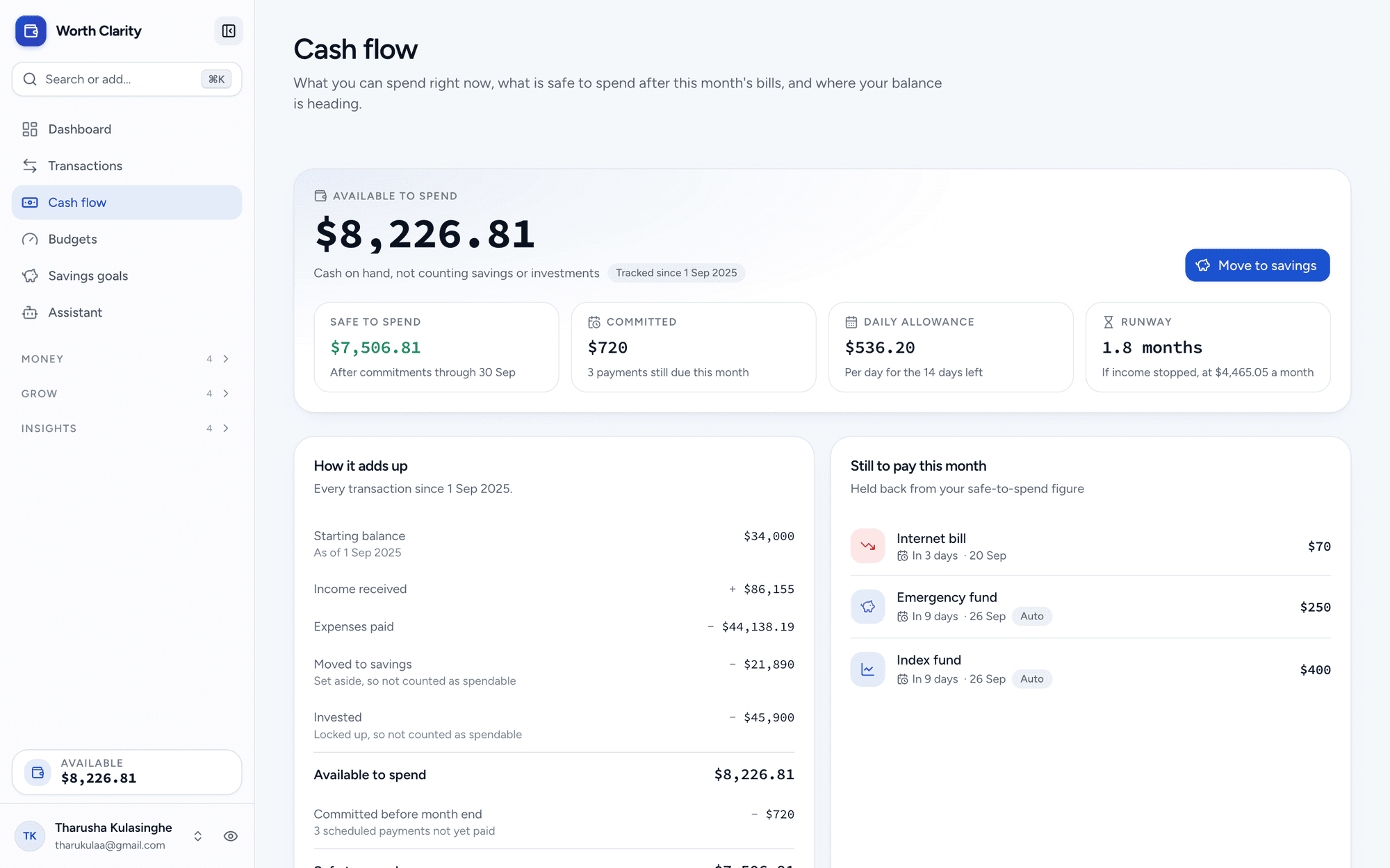 The cash flow page: available to spend, safe to spend after this month's bills, daily allowance, runway, and a breakdown of how the balance adds up