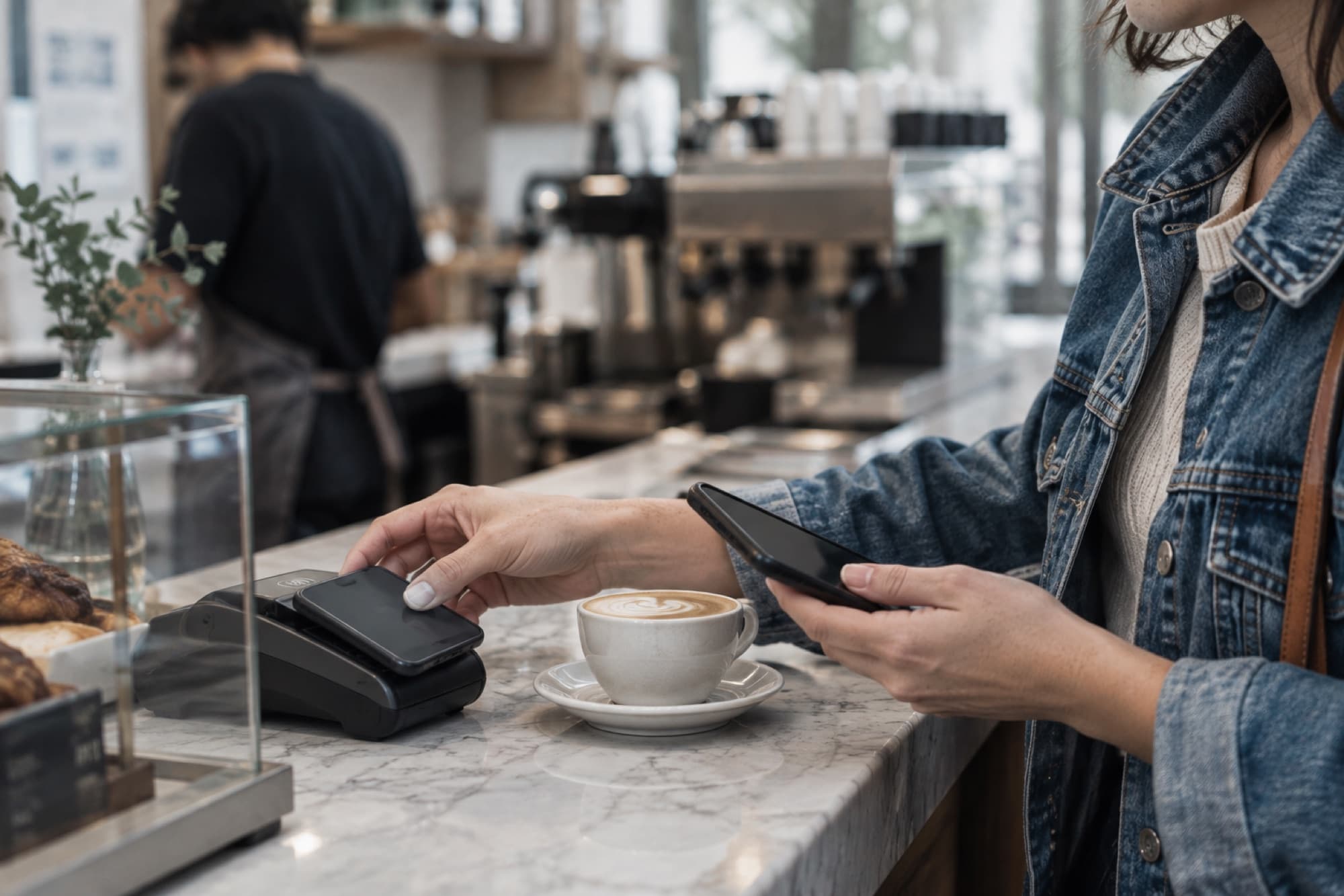 Paying at a café counter with one hand while holding a phone in the other