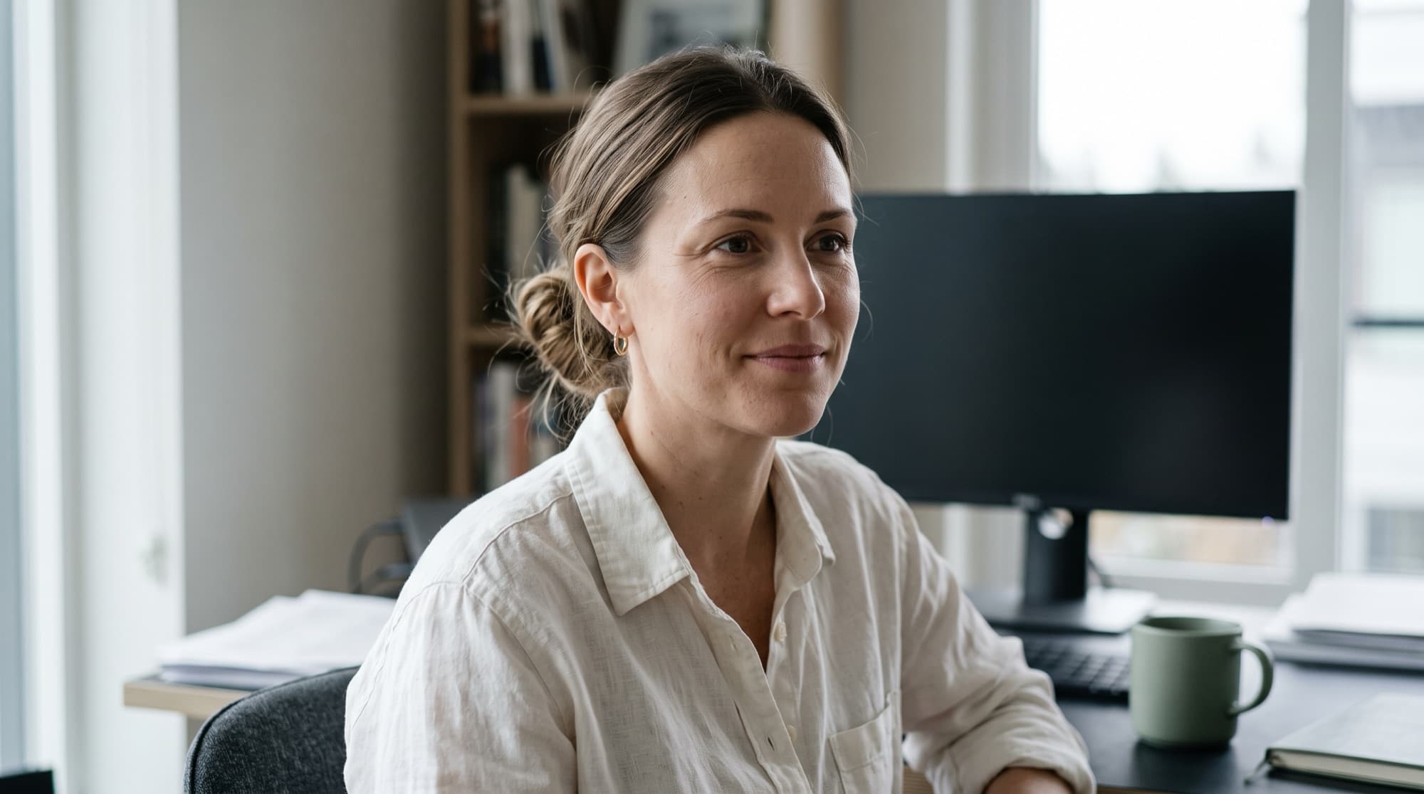 A freelancer at her home desk, looking up from her work